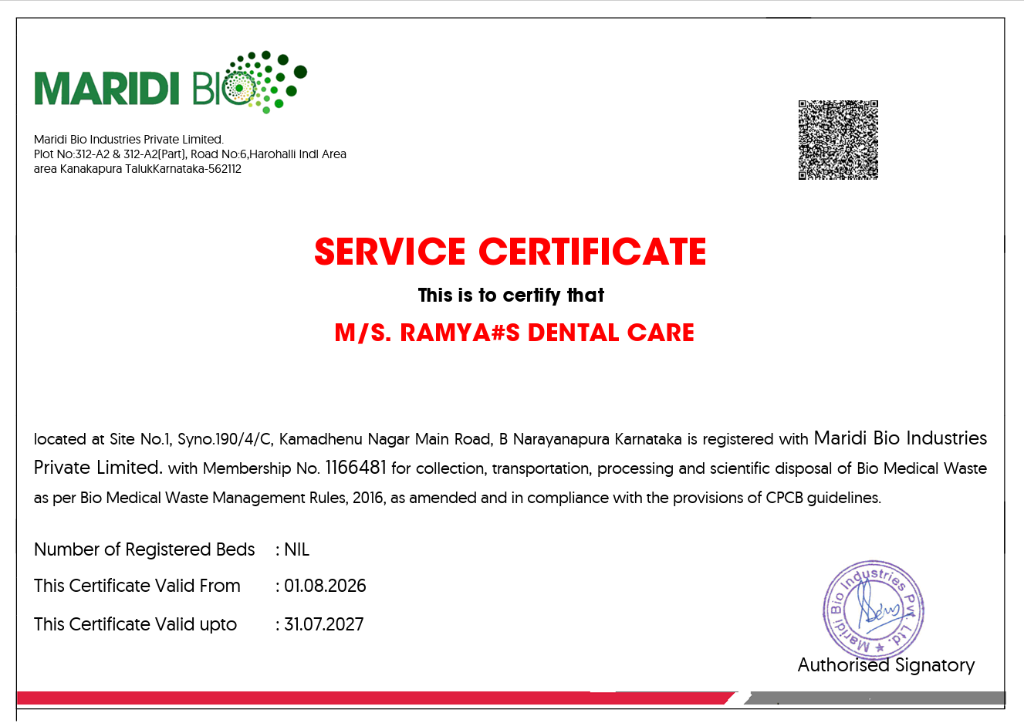 Maridi Bio — Hygiene Service Certificate for Ramya's Dental Care